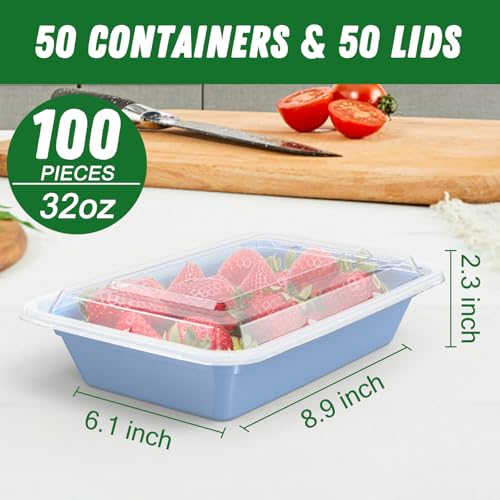 50 Pack (100-Piece) 32 oz Meal Prep Containers Reusable with Easy Open Lids, Sturdy Leakproof Food Safe, Microwave Freezer Dishwasher Safe, To Go Take Out Plastic Food Storage Pans with Lids, Blue - My Kitchen Products