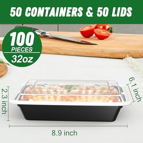 50 Pack (100-Piece) 32 oz Meal Prep Containers Reusable with Easy Open Lids, Sturdy Leakproof Food Safe, Microwave Freezer Dishwasher Safe, To Go Take Out Plastic Food Storage Pans with Lids, Black - My Kitchen Products