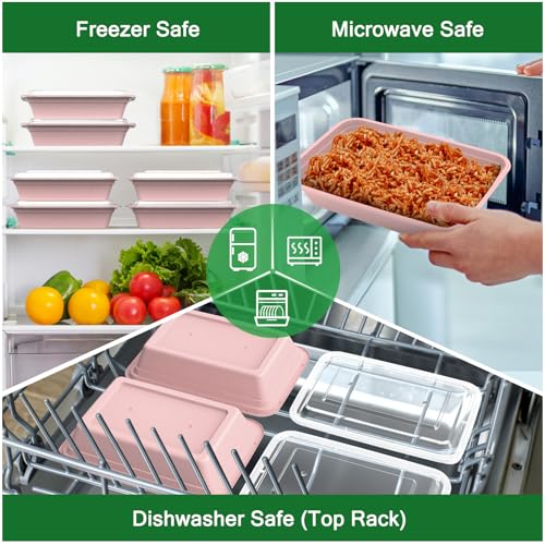50 Pack (100-Piece) 32 oz Meal Prep Containers Reusable with Easy Open Lids, Sturdy Leakproof Food Safe, Microwave Freezer Dishwasher Safe, To Go Take Out Plastic Food Storage Pans with Lids, Pink - My Kitchen Products