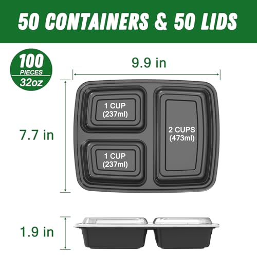 50 Pack (100-Piece) 32 oz Meal Prep Containers Reusable with Lids 3-Compartment, To Go Take Out Plastic Food Storage Containers, Sturdy Leakproof Food Safe, Microwave Freezer Dishwasher Safe, Black - My Kitchen Products
