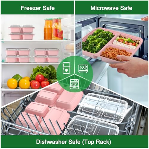 50 Pack (100-Piece) 32 oz Meal Prep Containers Reusable with Lids 3-Compartment, To Go Take Out Plastic Food Storage Containers, Sturdy Leakproof Food Safe, Microwave Freezer Dishwasher Safe, Pink - My Kitchen Products