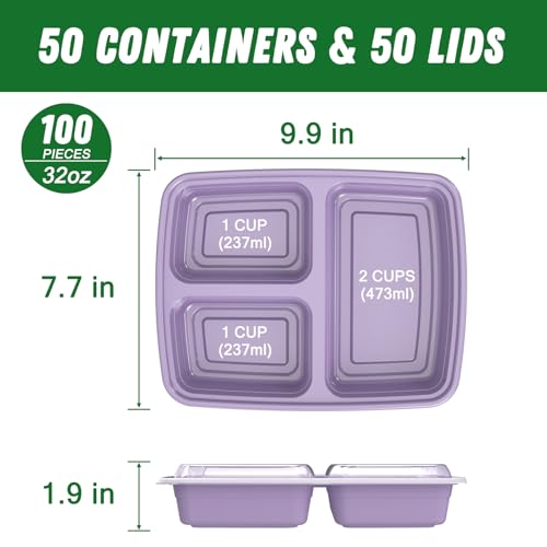 50 Pack (100-Piece) 32 oz Meal Prep Containers Reusable with Lids 3-Compartment, To Go Take Out Plastic Food Storage Containers, Sturdy Leakproof Food Safe, Microwave Freezer Dishwasher Safe, Lilac - My Kitchen Products