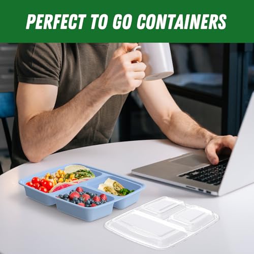 50 Pack (100-Piece) 32 oz Meal Prep Containers Reusable with Lids 3-Compartment, To Go Take Out Plastic Food Storage Containers, Sturdy Leakproof Food Safe, Microwave Freezer Dishwasher Safe, Blue - My Kitchen Products