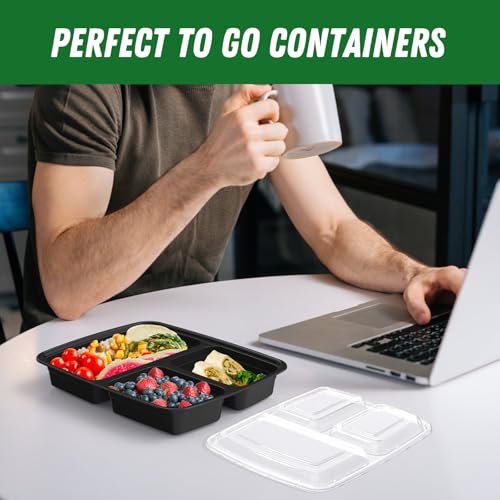 50 Pack (100-Piece) 32 oz Meal Prep Containers Reusable with Lids 3-Compartment, To Go Take Out Plastic Food Storage Containers, Sturdy Leakproof Food Safe, Microwave Freezer Dishwasher Safe, Black - My Kitchen Products