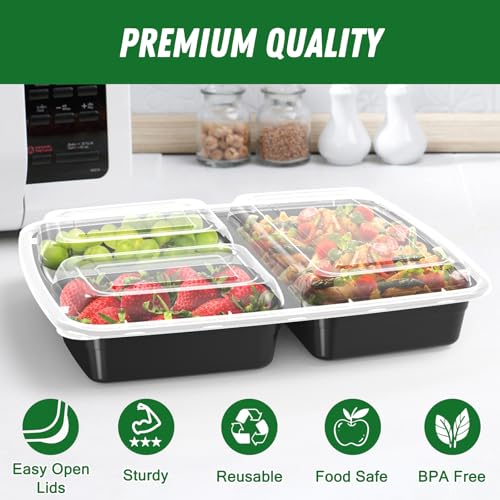 50 Pack (100-Piece) 32 oz Meal Prep Containers Reusable with Lids 3-Compartment, To Go Take Out Plastic Food Storage Containers, Sturdy Leakproof Food Safe, Microwave Freezer Dishwasher Safe, Black - My Kitchen Products