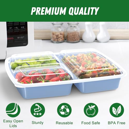 50 Pack (100-Piece) 32 oz Meal Prep Containers Reusable with Lids 3-Compartment, To Go Take Out Plastic Food Storage Containers, Sturdy Leakproof Food Safe, Microwave Freezer Dishwasher Safe, Blue - My Kitchen Products