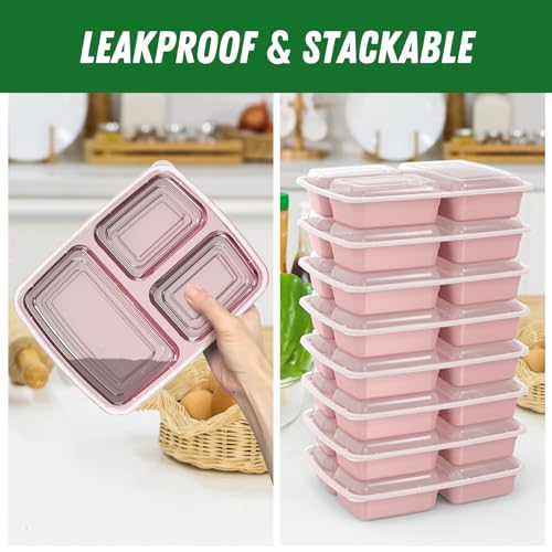 50 Pack (100-Piece) 32 oz Meal Prep Containers Reusable with Lids 3-Compartment, To Go Take Out Plastic Food Storage Containers, Sturdy Leakproof Food Safe, Microwave Freezer Dishwasher Safe, Pink - My Kitchen Products