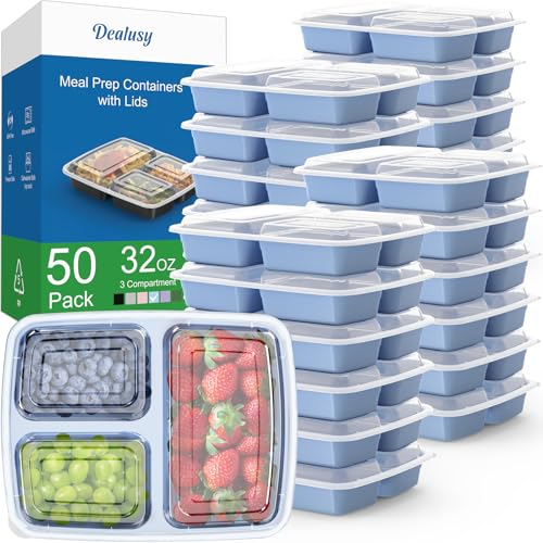 50 Pack (100-Piece) 32 oz Meal Prep Containers Reusable with Lids 3-Compartment, To Go Take Out Plastic Food Storage Containers, Sturdy Leakproof Food Safe, Microwave Freezer Dishwasher Safe, Blue - My Kitchen Products