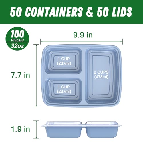 50 Pack (100-Piece) 32 oz Meal Prep Containers Reusable with Lids 3-Compartment, To Go Take Out Plastic Food Storage Containers, Sturdy Leakproof Food Safe, Microwave Freezer Dishwasher Safe, Blue - My Kitchen Products