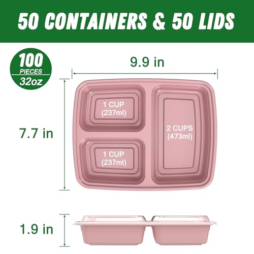 50 Pack (100-Piece) 32 oz Meal Prep Containers Reusable with Lids 3-Compartment, To Go Take Out Plastic Food Storage Containers, Sturdy Leakproof Food Safe, Microwave Freezer Dishwasher Safe, Pink - My Kitchen Products