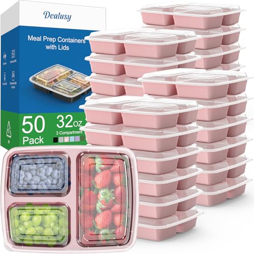 50 Pack (100-Piece) 32 oz Meal Prep Containers Reusable with Lids 3-Compartment, To Go Take Out Plastic Food Storage Containers, Sturdy Leakproof Food Safe, Microwave Freezer Dishwasher Safe, Pink - My Kitchen Products