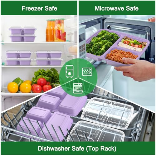 50 Pack (100-Piece) 32 oz Meal Prep Containers Reusable with Lids 3-Compartment, To Go Take Out Plastic Food Storage Containers, Sturdy Leakproof Food Safe, Microwave Freezer Dishwasher Safe, Lilac - My Kitchen Products