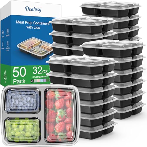 50 Pack (100-Piece) 32 oz Meal Prep Containers Reusable with Lids 3-Compartment, To Go Take Out Plastic Food Storage Containers, Sturdy Leakproof Food Safe, Microwave Freezer Dishwasher Safe, Black - My Kitchen Products