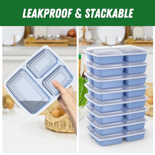 50 Pack (100-Piece) 32 oz Meal Prep Containers Reusable with Lids 3-Compartment, To Go Take Out Plastic Food Storage Containers, Sturdy Leakproof Food Safe, Microwave Freezer Dishwasher Safe, Blue - My Kitchen Products