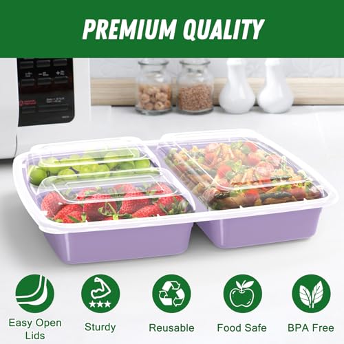 50 Pack (100-Piece) 32 oz Meal Prep Containers Reusable with Lids 3-Compartment, To Go Take Out Plastic Food Storage Containers, Sturdy Leakproof Food Safe, Microwave Freezer Dishwasher Safe, Lilac - My Kitchen Products