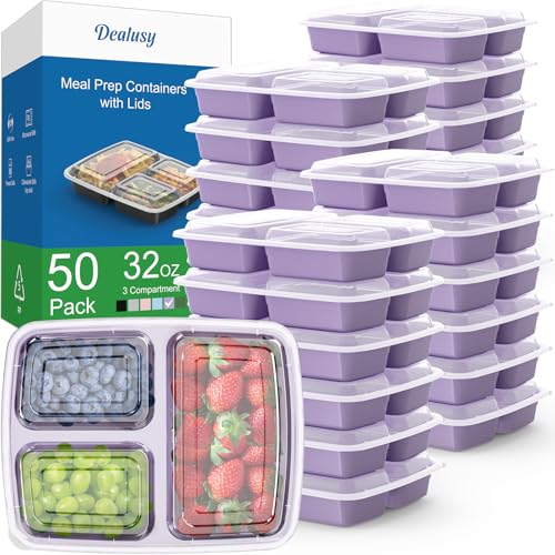 50 Pack (100-Piece) 32 oz Meal Prep Containers Reusable with Lids 3-Compartment, To Go Take Out Plastic Food Storage Containers, Sturdy Leakproof Food Safe, Microwave Freezer Dishwasher Safe, Lilac - My Kitchen Products