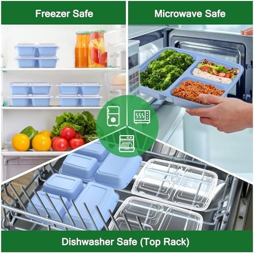 50 Pack (100-Piece) 32 oz Meal Prep Containers Reusable with Lids 3-Compartment, To Go Take Out Plastic Food Storage Containers, Sturdy Leakproof Food Safe, Microwave Freezer Dishwasher Safe, Blue - My Kitchen Products