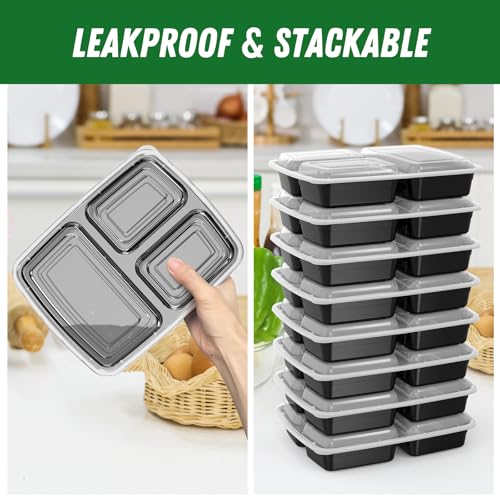 50 Pack (100-Piece) 32 oz Meal Prep Containers Reusable with Lids 3-Compartment, To Go Take Out Plastic Food Storage Containers, Sturdy Leakproof Food Safe, Microwave Freezer Dishwasher Safe, Black - My Kitchen Products