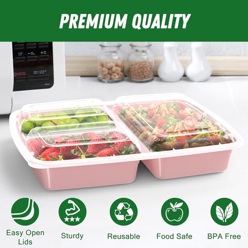 50 Pack (100-Piece) 32 oz Meal Prep Containers Reusable with Lids 3-Compartment, To Go Take Out Plastic Food Storage Containers, Sturdy Leakproof Food Safe, Microwave Freezer Dishwasher Safe, Pink - My Kitchen Products