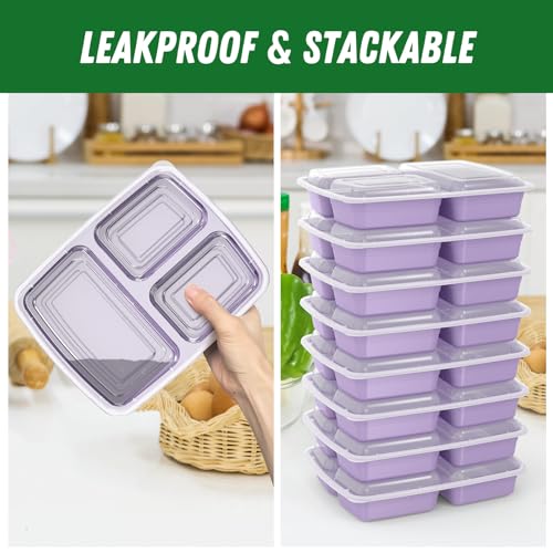50 Pack (100-Piece) 32 oz Meal Prep Containers Reusable with Lids 3-Compartment, To Go Take Out Plastic Food Storage Containers, Sturdy Leakproof Food Safe, Microwave Freezer Dishwasher Safe, Lilac - My Kitchen Products
