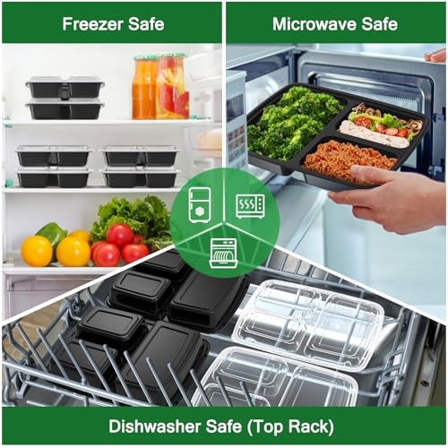 50 Pack (100-Piece) 32 oz Meal Prep Containers Reusable with Lids 3-Compartment, To Go Take Out Plastic Food Storage Containers, Sturdy Leakproof Food Safe, Microwave Freezer Dishwasher Safe, Black - My Kitchen Products