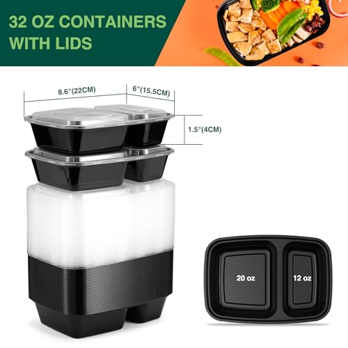50 Pack (100-Piece) 32 oz Sturdy Leakproof 2-Compartment Meal Prep Containers with Lids, Plastic Food Storage Containers for Lunch, Microwave, Freezer, and Dishwasher Safe Takeout Containers - My Kitchen Products