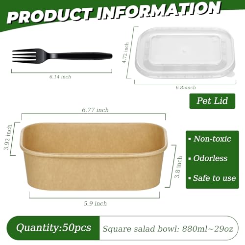 50-Pack 29oz Disposable Kraft Paper Bowls【with Lids and Forks】,Meal Prep Containers Disposable Togo Food Deli Containers for Restaurant Supplies Take Out Containers, Microwave Safe for Hot/Cold Food - My Kitchen Products
