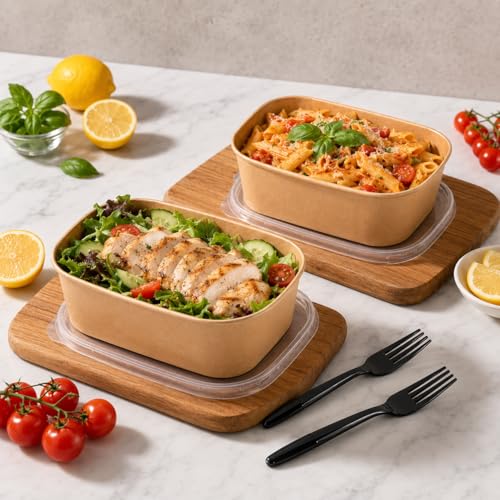 50-Pack 29oz Disposable Kraft Paper Bowls【with Lids and Forks】,Meal Prep Containers Disposable Togo Food Deli Containers for Restaurant Supplies Take Out Containers, Microwave Safe for Hot/Cold Food - My Kitchen Products