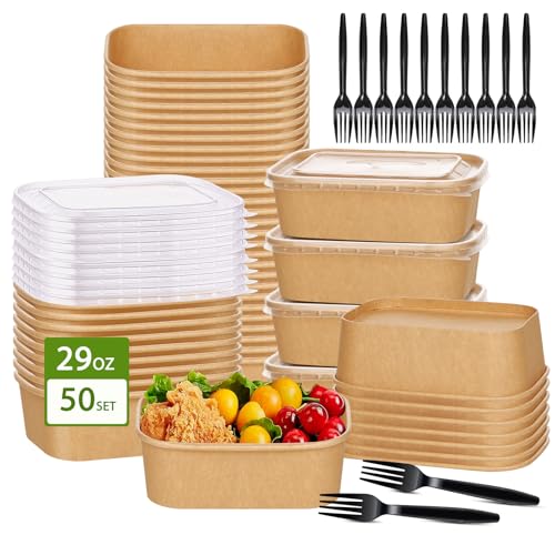50-Pack 29oz Disposable Kraft Paper Bowls【with Lids and Forks】,Meal Prep Containers Disposable Togo Food Deli Containers for Restaurant Supplies Take Out Containers, Microwave Safe for Hot/Cold Food - My Kitchen Products