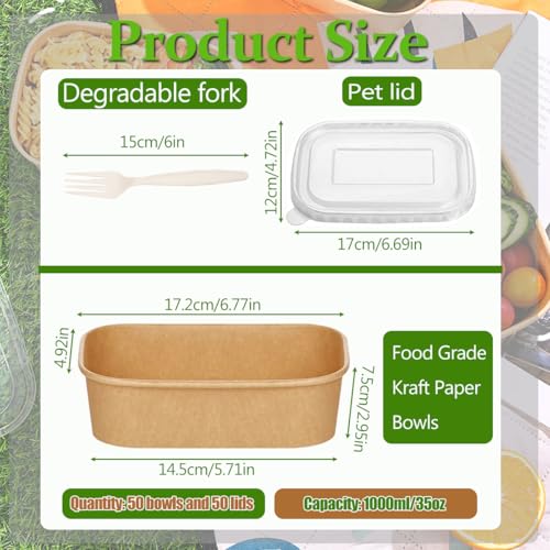 50 Pack 35Oz Disposable Meal Prep Containers With Lids and Forks-Disposable Kraft Paper Bowls-to go food containers-Microwavable and Freezer Safe Take Out Containers for Hot/Cold Food Prep and Salad - My Kitchen Products