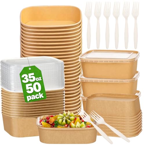 50 Pack 35Oz Disposable Meal Prep Containers With Lids and Forks-Disposable Kraft Paper Bowls-to go food containers-Microwavable and Freezer Safe Take Out Containers for Hot/Cold Food Prep and Salad - My Kitchen Products