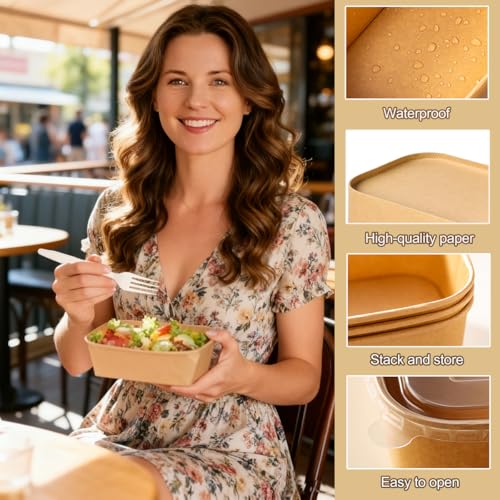50 Pack 35Oz Disposable Meal Prep Containers With Lids and Forks-Disposable Kraft Paper Bowls-to go food containers-Microwavable and Freezer Safe Take Out Containers for Hot/Cold Food Prep and Salad - My Kitchen Products