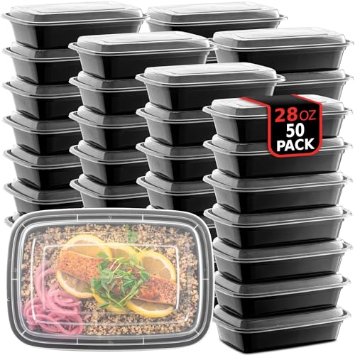 50-Pack Reusable Meal Prep Containers Microwave Safe Food Storage Containers with Lids, 28 oz - 1 Compartment Take Out Disposable Plastic Bento Lunch Box To Go, BPA Free - Dishwasher & Freezer Safe - My Kitchen Products