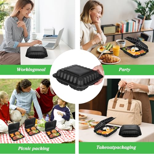 50Pack 8" X 8" 3-Compartment Clamshell To Go Food Containers With Secure Snap Lids - Heavy Duty Take out Containers Disposable To Go Plate For Carryout Meal Prep Catering (Black 3-Compartment) - My Kitchen Products
