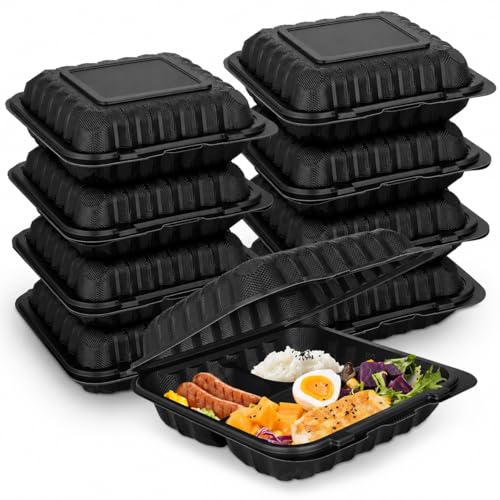 50Pack 8" X 8" 3-Compartment Clamshell To Go Food Containers With Secure Snap Lids - Heavy Duty Take out Containers Disposable To Go Plate For Carryout Meal Prep Catering (Black 3-Compartment) - My Kitchen Products