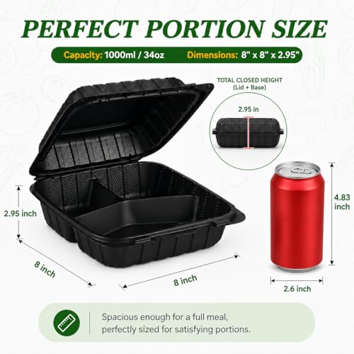 50Pack 8" X 8" 3-Compartment Clamshell To Go Food Containers With Secure Snap Lids - Heavy Duty Take out Containers Disposable To Go Plate For Carryout Meal Prep Catering (Black 3-Compartment) - My Kitchen Products