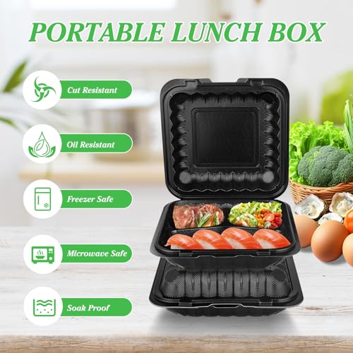 50Pack 8" X 8" 3-Compartment Clamshell To Go Food Containers With Secure Snap Lids - Heavy Duty Take out Containers Disposable To Go Plate For Carryout Meal Prep Catering (Black 3-Compartment) - My Kitchen Products