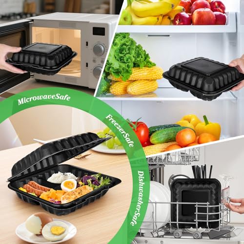 50Pack 8" X 8" 3-Compartment Clamshell To Go Food Containers With Secure Snap Lids - Heavy Duty Take out Containers Disposable To Go Plate For Carryout Meal Prep Catering (Black 3-Compartment) - My Kitchen Products