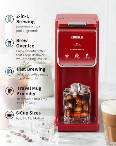 KIDISLE Single Serve Coffee Maker for K Cup & Ground Coffee – Hot & Iced, 6-16oz Sizes, 40oz Water Tank, Reusable Filter, Compact for Home Office Dorm, Red