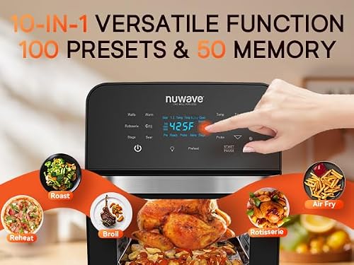 Nuwave Brio 15.5Qt Air Fryer Oven with Plug-In Grill, XL Family Size, 10-in-1, Air Fry, Grill, Rotisserie, Even & Crisp Cooking, 50°–425°F, 1800W