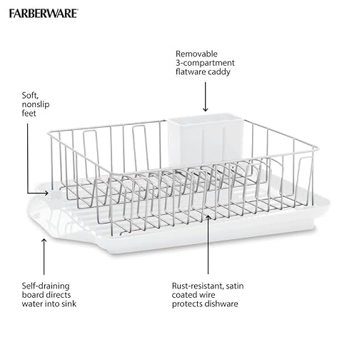 Farberware Classic Large Rust Resistant Full Dishrack with Removable 3 Compartment Flatware Caddy, Andlged Drain Board, 3-Piece, White
