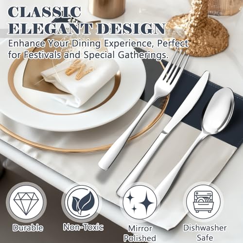 BEWOS 49-Piece Silverware Set with Organizer - Stainless Steel Silverware Set for 8 with Steak Knives and Drawer Organizer, Mirror Polished Flatware Set for Home and Restaurant, Dishwasher Safe