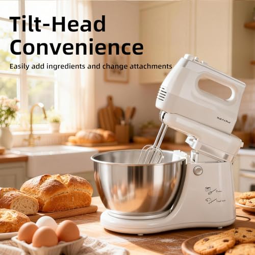 Vikaluz 4.8QT 2-in-1 Stand Mixer, Electric Kitchen Mixer with Auto-Rotating Bowl & Tilt-Head, 5-Speed 250W Turbo Baking Machine for Beginners with Beater & Dough Hook for Cookie, Bread, Cake (White)