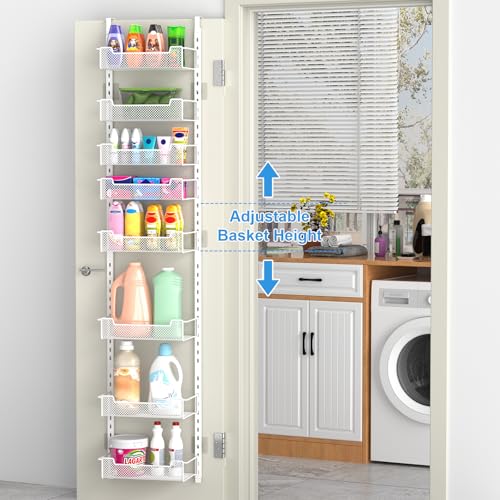 VyGrow 12.3" W Narrow Over the Door Pantry Organizer, 8-Tier Over the Door Organizer with Adjustable Basket, Pantry Door Organization for Pantry Kitchen Storage Room Spice Rack, White