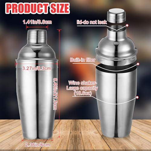 Nitial 6 Pcs Bar Cocktail Shaker Professional Stainless Steel Martini Drink Mixer with Built-in Strainer for Bartending No Leaks Boston Shaker for Bar Party Drink Mixing Tool(18.6 oz,Silver)