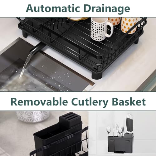 AIDERLY Metal Dish Drying Rack Automatic Drainage, Black, Large