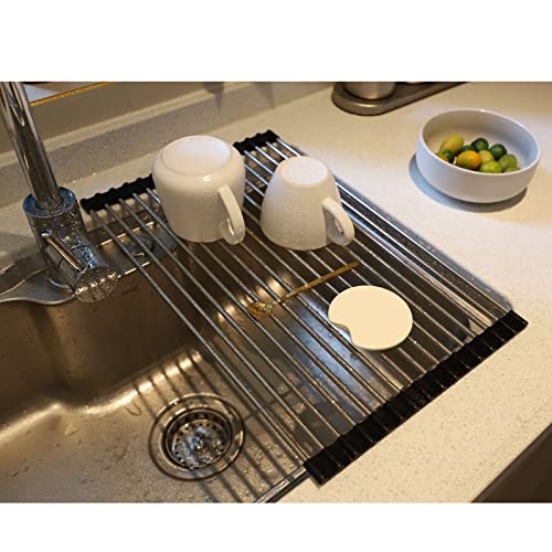 SHUYUE Roll up Dish Drying Rack Over The Sink Portable Stainless Still Rolling Rack Folding Mat for Kitchen Counter (Black, 17.7''LX11.8''W)