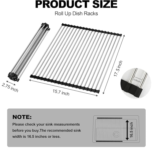 NEZUIBAN Dish Drying Rack with Roll Up and Over Sink for Kitchen,17.5"x15.7",Black