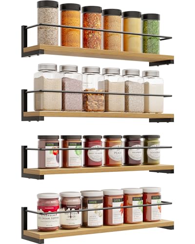 OROPY Spice Rack Wall Mounted, Rustic Wood Hanging Rack for Over The Stove, Kitchen Wall, 4 Pack
