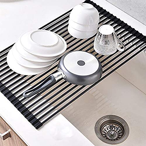 Ahyuan Large Roll up Dish Drying Rack Foldable Dish Rack Over Sink Dish Drainer Roll-up Sink Drying Rack Full Silicone Coated Stainless Still Dish Drying Rack (Matte Black, 20.5''X13.13'')